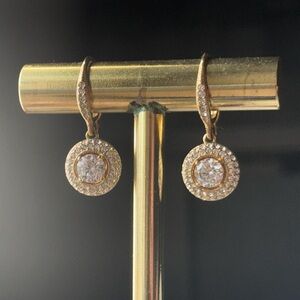 Gold Tone CZ Halo Drop Leverback Earrings Pavé Crystal Circle